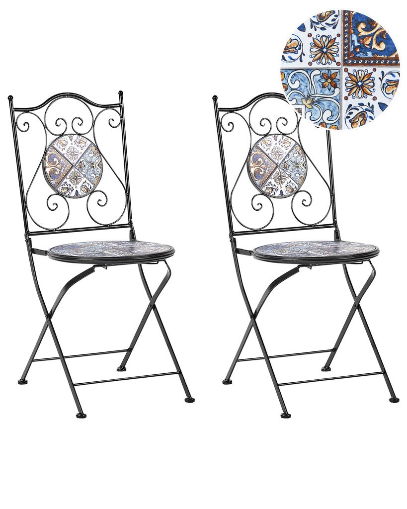 BELIANI Gartenstühle 2er Set Schwarz u. Blau aus Metall Mosaik Muster Zusammenklappbar Klappstühle Outdoor Terrassenmöbel Gartenmöbel Balkonmöbel