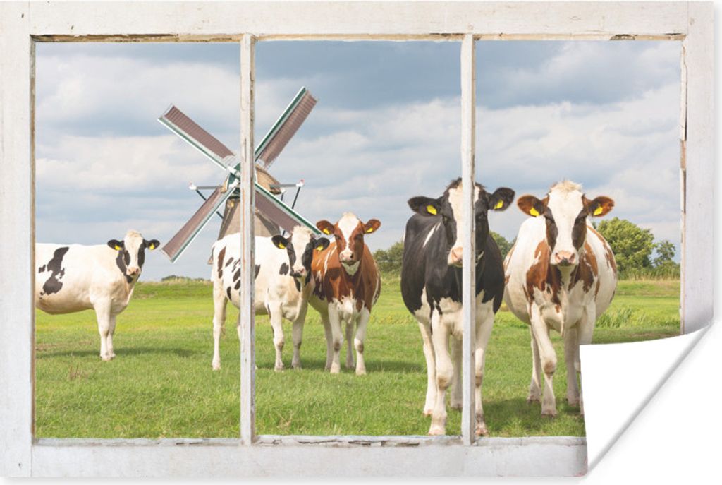 MuchoWow Poster Ansicht - Kuh - Mühle 60x40 cm - Schlafzimmerdekoration