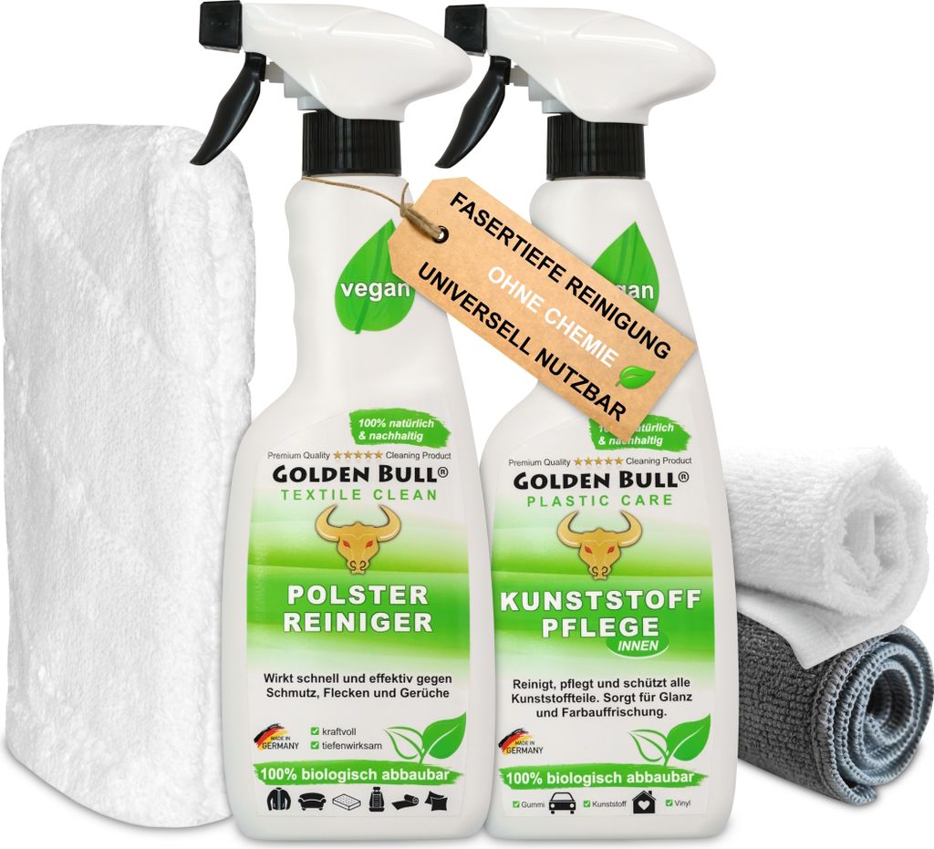Golden Bull Auto Reinigungsset Innenraum Polster & Kunststoff - Polsterreiniger 500ml, Kunststoffpflege 500ml, Handschuh, Microfaser- & Baumwolltuch