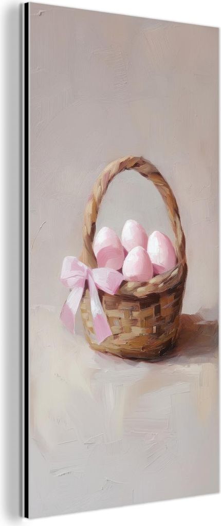 MuchoWow Wanddekoration Metall Metallbild Wandkunst 20x40 cm Korb - Eier - Rosa MuchoWow Aluminium Gemälde - Aluminium Gemäldes