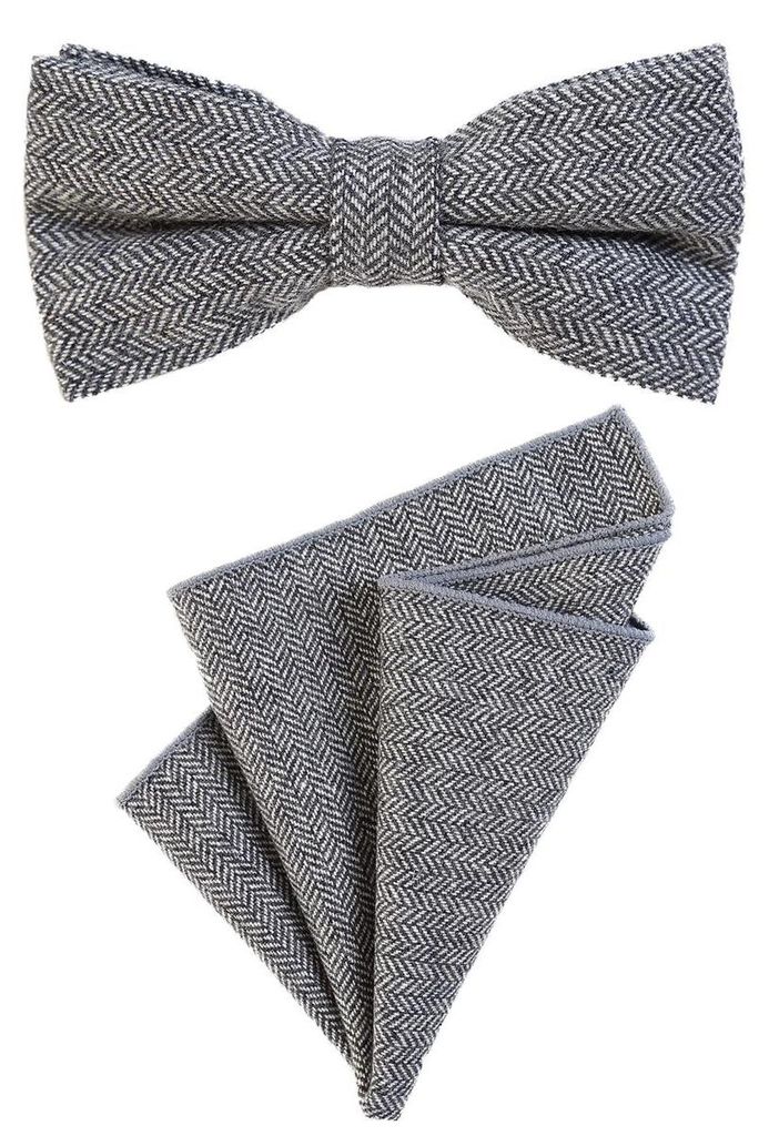DonDon Herren Fliege 12 x 6 cm mit farblich passendem Einstecktuch 23 x 23 cm beides aus Baumwolle im Tweed Look grau kariert