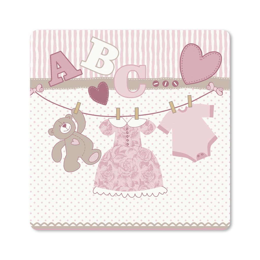 MuchoWow Mauspad Mousepad Babykleidung - Mädchen - Teddybär - Wäscheleine - Design 20x20 cm - Mousepads - Maus Mat - Pad - Mausunterlage - Des...