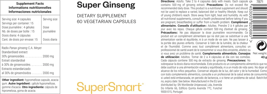 Super Ginseng SuperSmart 60 Gél. - Formule Concentrée Haute Performance