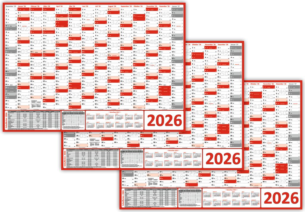 3 Stück XXL Wandkalender Wandplaner 2026 rot (gerollt) DIN A0 Format (841 x 1189 mm) 14 Monate komplette Jahresvorschau Folgejahr und Ferientermin...