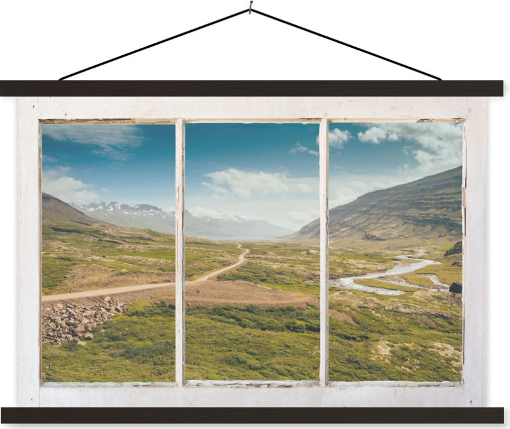 MuchoWow Textilposter Aussicht - Weg - Berg 90x60 cm mit schwarzem Rahmen - Aufhängungssatz