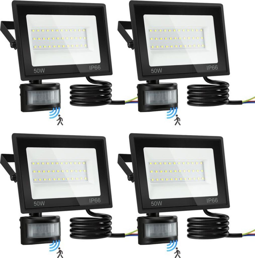 Four identical LED floodlights with motion sensors are arranged in a 2x2 grid against a white background.