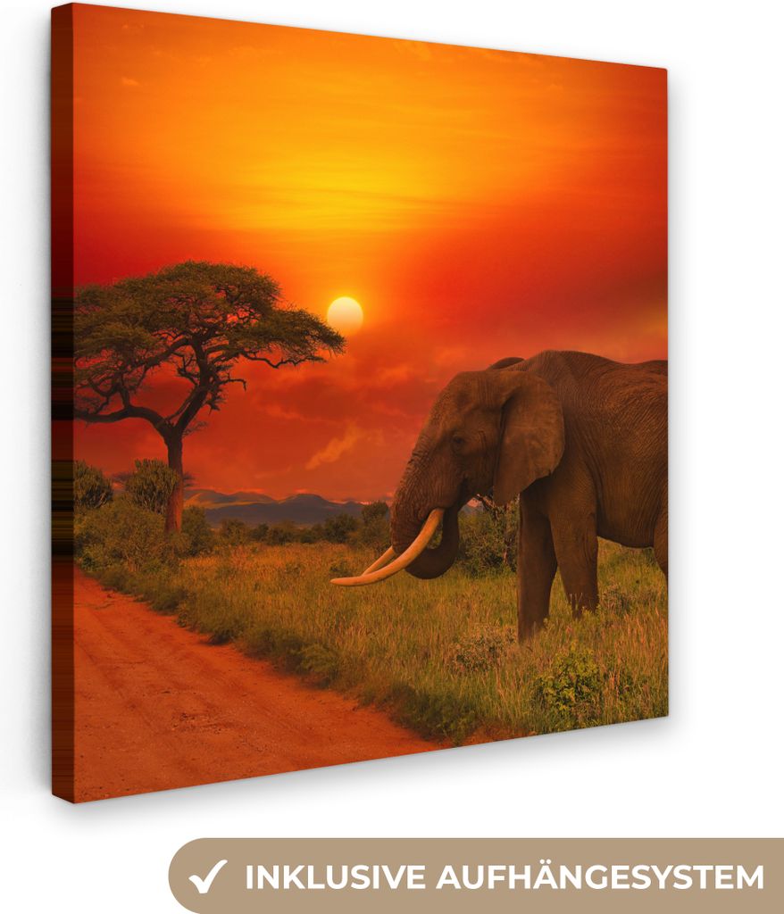 MuchoWow - Leinwandbilder - Elefant - Sonnenuntergang - Orange - Savanne - Tiere, Wandbild, Wanddeko Bilder Wohnzimmer, 90x90 cm