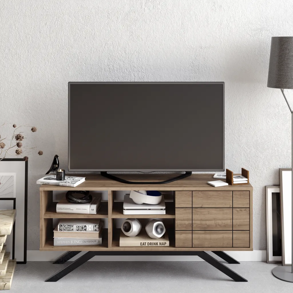 Meuble TV Salon pour Grand Écran Support Multimédia Blanc Détails Or