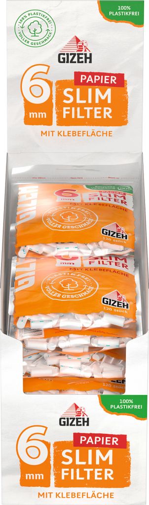 GIZEH Papier Slim Filter 6 mm Durchmesser – 20er Pack á 120 Papierfilter in 15 mm Länge – mit Klebefläche - wiederverschließbarer Zip-Beute...
