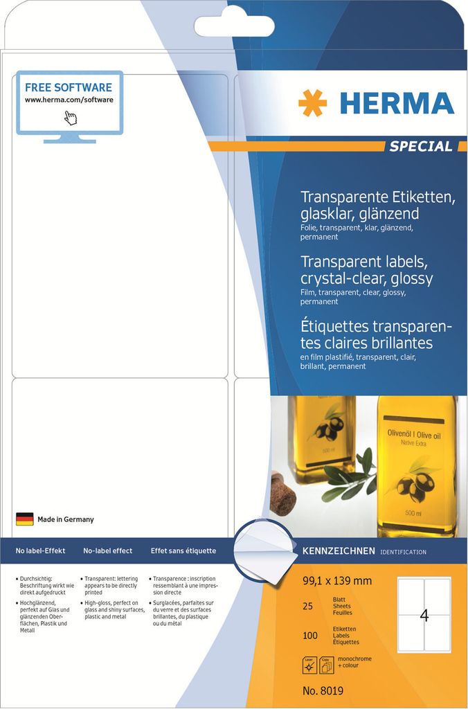 Etiketten transparent glasklar A4 99,1x139 mm transparent klar Folie glänzend 100 St.