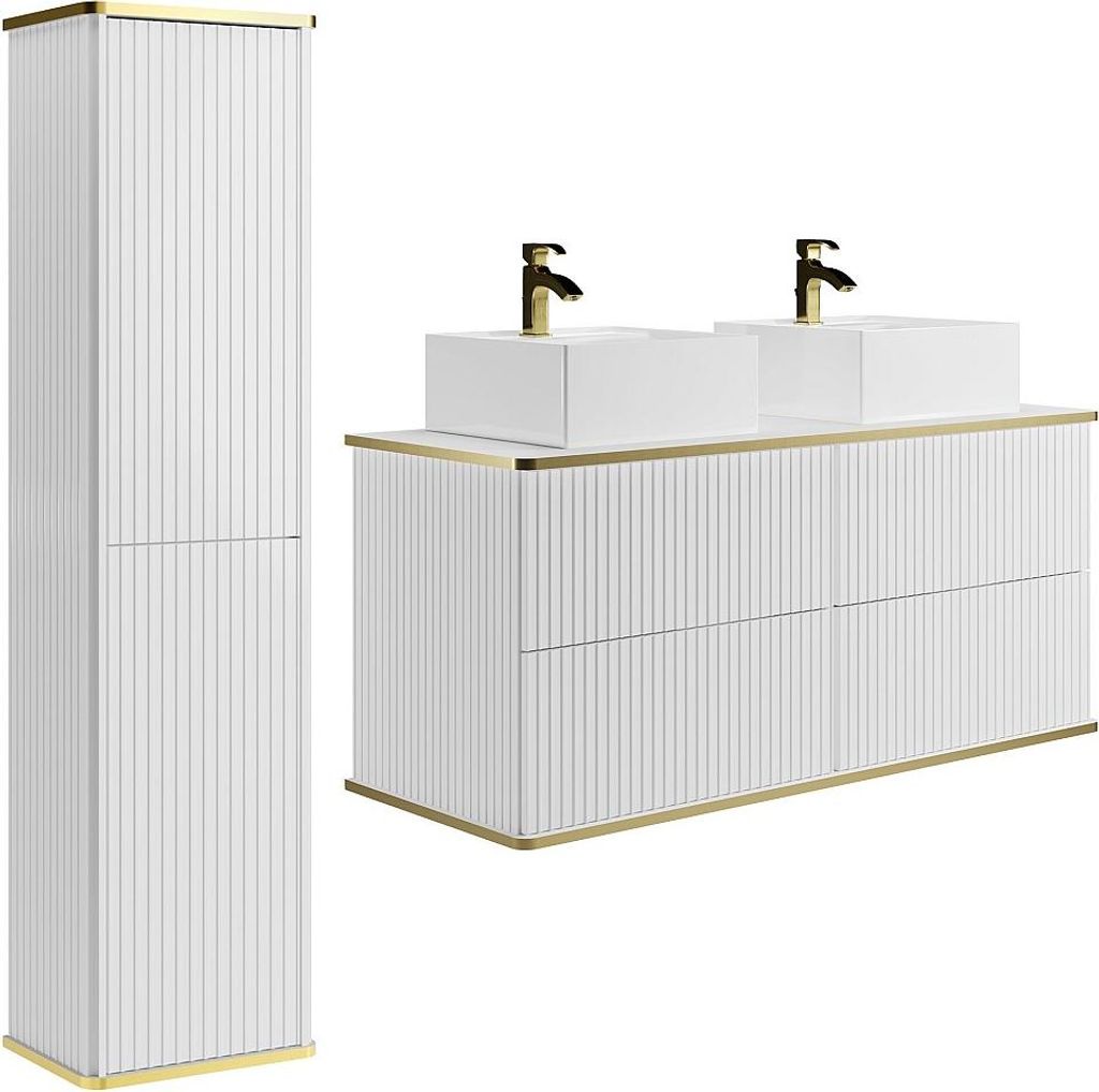 Waschbeckenunterschrank hängend mit quadratischem Aufsatzwaschbecken und Säule - Streifenoptik - Weiß - 120 cm - KELIZA