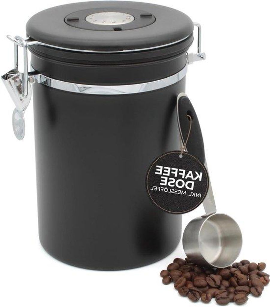 Kaffeebehälter für 650 g Bohnen - Stahlbehälter mit Maßlöffel - Kaffee- Aroma-Dichte- Behälter - Schwarz