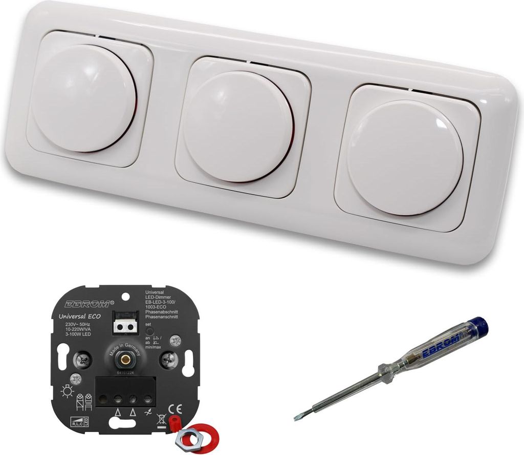 EBROM 1003 Universal ECO (3 Stück) LED Drehdimmer Dimmer + Busch Jäger Dimmerscheiben 2115-214 in ReflexSi alpinweiß glänzend im 3-fach Rahmen ...