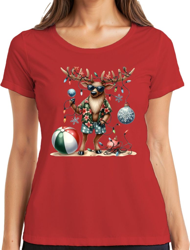 Rentier Weihnachten Lustig Hawaii Strand Sonnenbrille Retro Damen T-Shirt, Rot, XXL