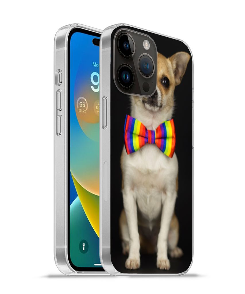 MuchoWow Handyhülle Schutzhülle Hülle für Apple iPhone 14 Pro Max Hund - Fliege - Schwarz Silikon Softcase Handy Hülle
