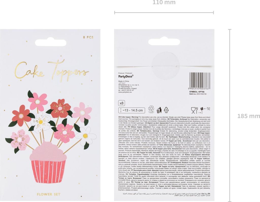 Cake Topper Blumen 13 - 14,5cm 8er Set Rosa