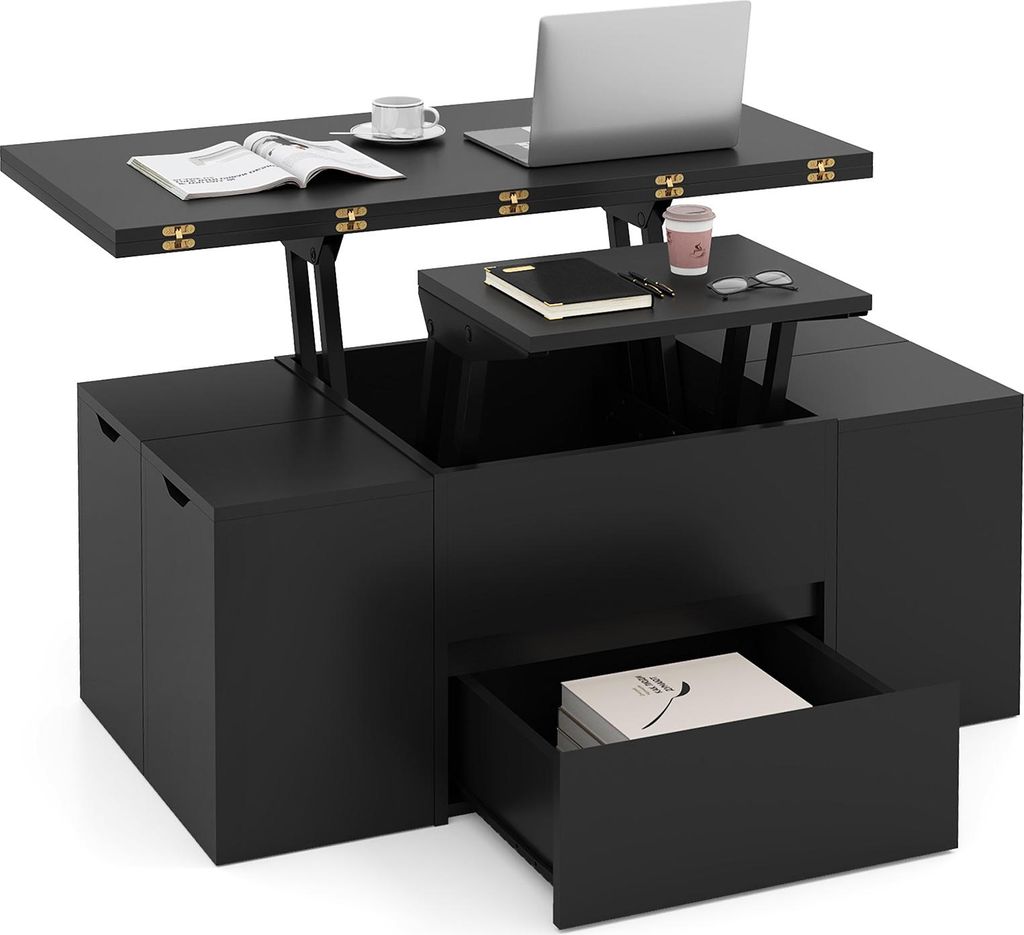 COSTWAY Couchtisch mit 4 Hockern, Wohnzimmertisch mit verstecktem Fach & Schublade, 3-in-1 Kaffeetisch, Esstisch, Sofatisch, 100x50x44 cm, Schwarz
