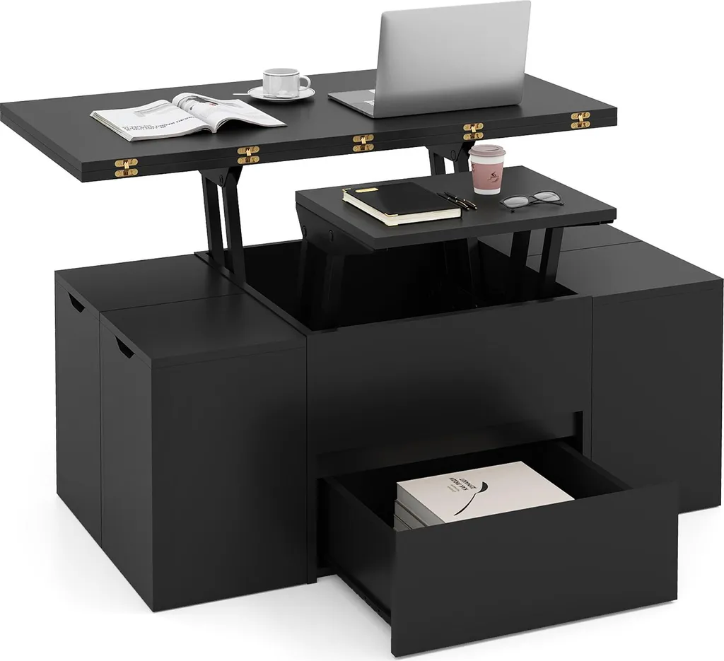 Table de salon noire avec tiroir de rangement et 4 tabourets gain de place