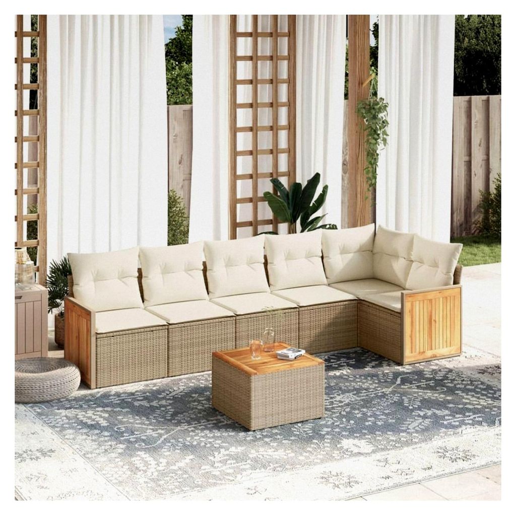 Gartenmöbel-Set, 7-teilig mit Kissen, Polyrattan, Beige