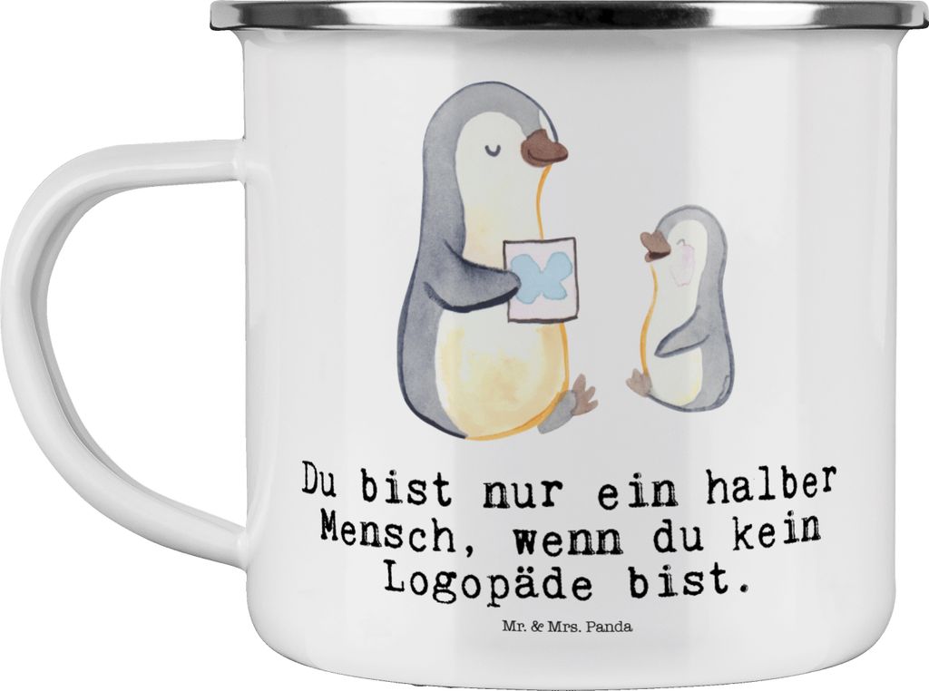 Mr. & Mrs. Panda Teetasse Logopäde Herz - Weiß - Geschenk, Studium, Emaille Tasse, Lustig, Pott, Blechtasse, Ausbildung, becher, Teebecher, Spruch