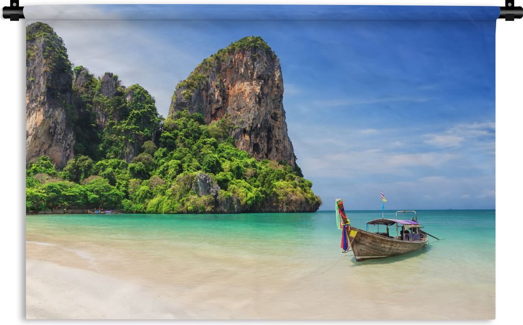 MuchoWow Wandteppich Wandbehang Strand - Meer - Thailand - Boot 90x60 cm Tapisserie Dekoration Wandtuch - Wandskulpturen - Bildteppich