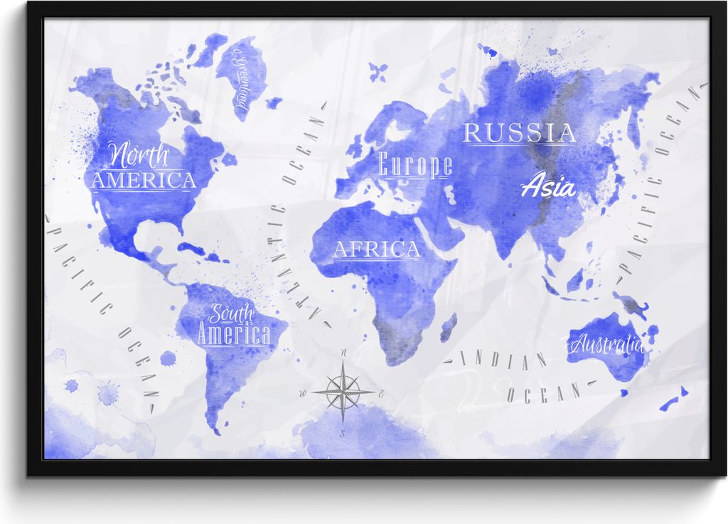 MuchoWow MuchoWow Gerahmtes Poster Weltkarte - Aquarell - Blau 90x60 cm - Poster mit zchwarzem Bilderrahmen - Fotorahmen - Foto-Plakat