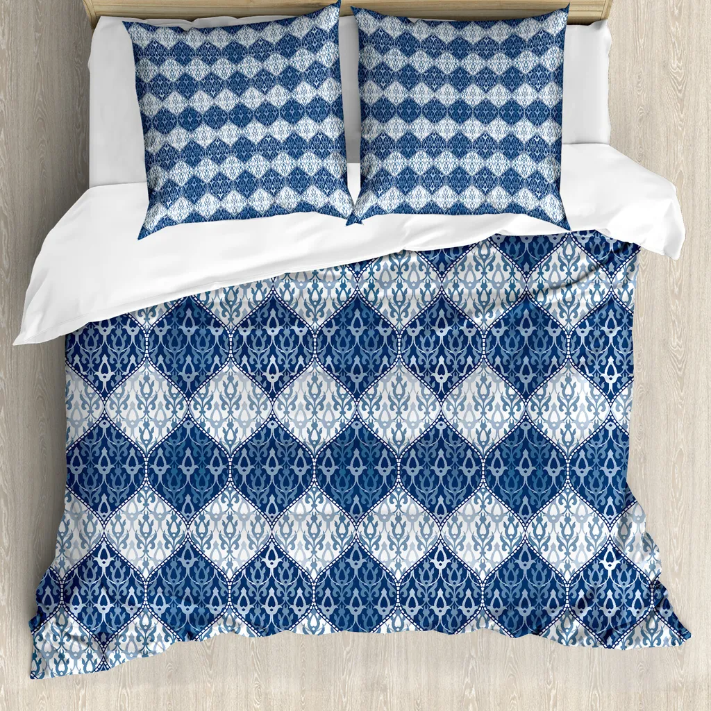 Set copripiumino ABAKUHAUS Marine per letti matrimoniali, patchwork orientale asiatico, antiacaro, adatto a chi soffre di allergie, con federe, azzurro, blu scuro e bianco