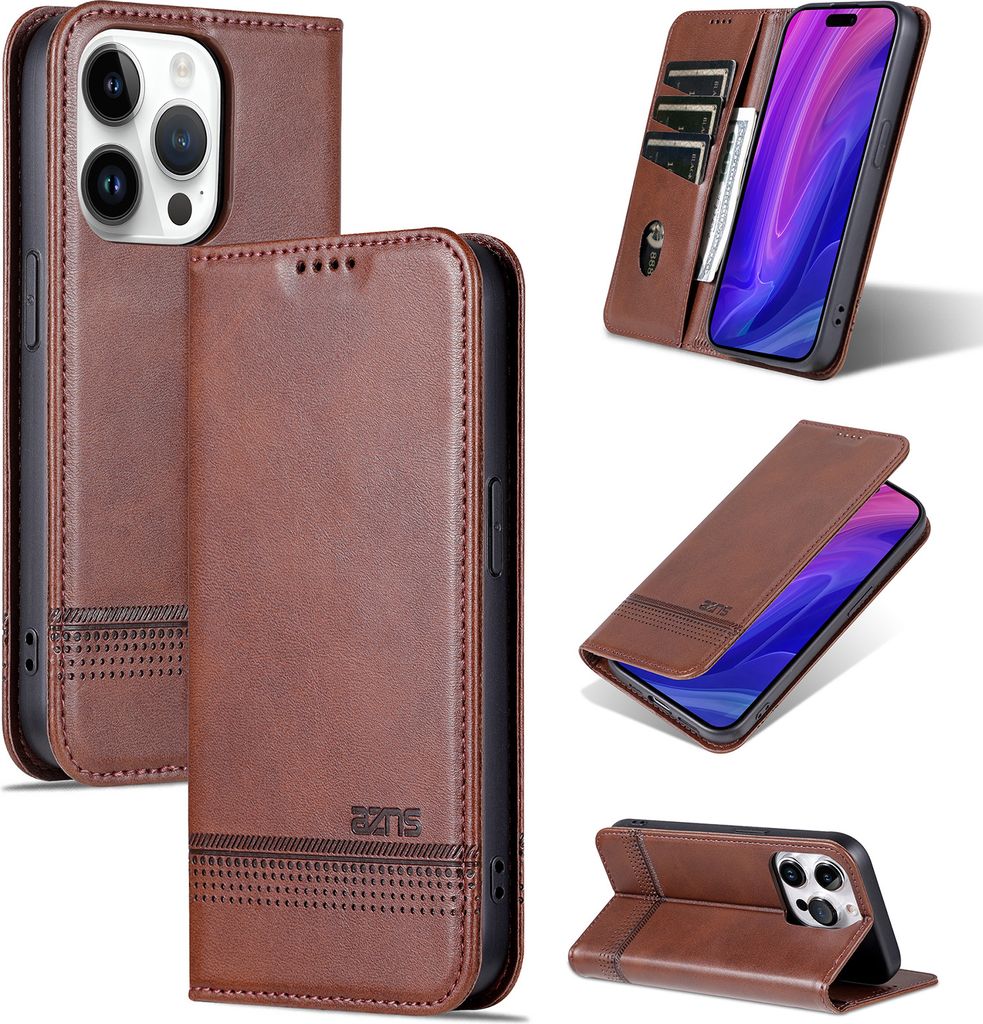 Leder Hülle für iPhone 15 Pro, Klapphüllen Brieftasche Magnetverschluss Ständer Schutzhülle Kaffee