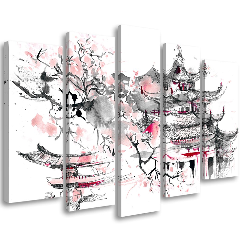 5-teiliges leinwandbild japan landschaftsbild 100x70 cm Feeby rosa wandbild bereit zum aufhängen