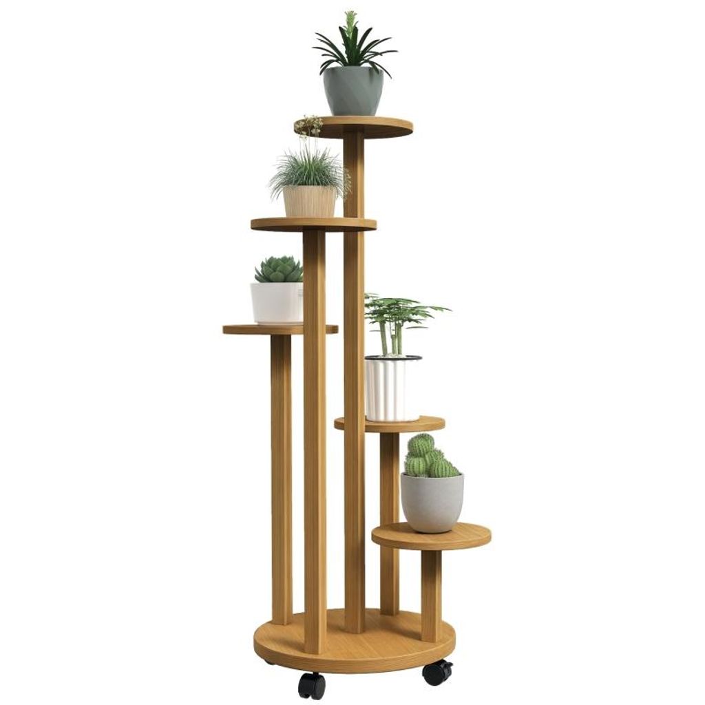 Fünfstufiger Blumenständer aus Bambus – Pflanzenregal – Blumentopfständer – Pflanzenpräsentationsständer – mit Rollen – 33 x 33 x 90...