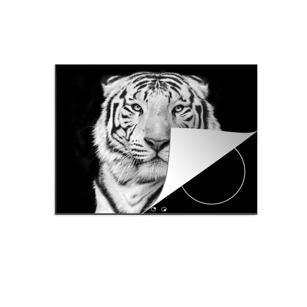 KitchenYeah Herdabdeckplatte Tiger - Schwarz - Weiß - Porträt - Tiere , 75x52cm, Küche Deko, Glaskeramikkochfeld Herdabdeckung, Abdeckplatte f...
