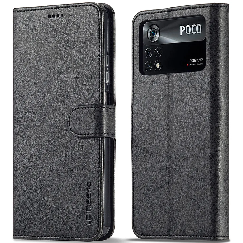 Custodia per Xiaomi Poco X4 Pro 5G, flip case in pelle con chiusura magnetica e supporto, custodia protettiva nera