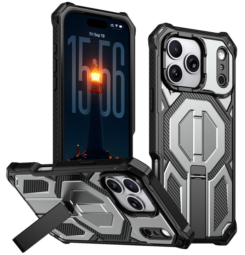 Magnetische Hülle für iPhone 17 Pro Max, Kompatibel mit MagSafe, Mit Metall-Ständer, Militärischer Stoßschutz Handyhülle Grau