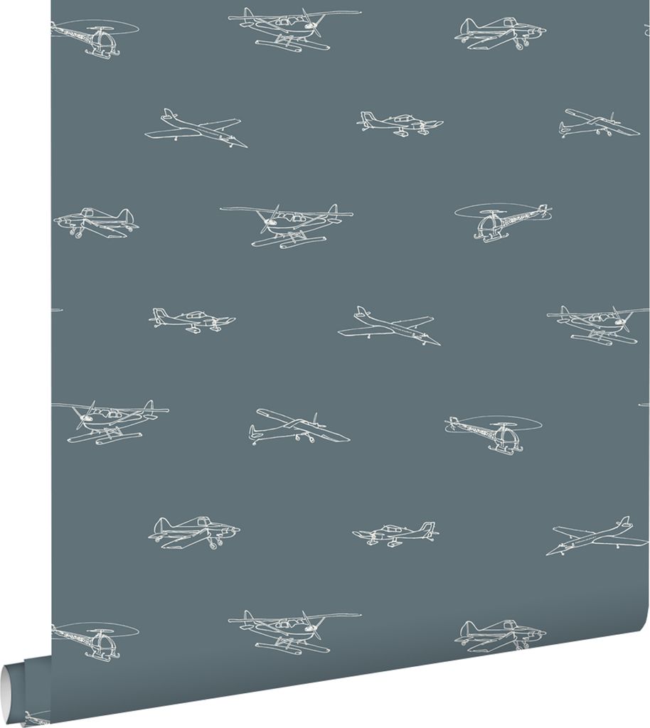 ESTAhome Tapete Flugzeuge und Hubschrauber Graublau 53 cm x Produktbild 