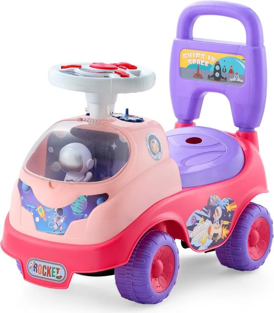 Trotteur bébé fille rose avec coffre à jouets et volant interactif