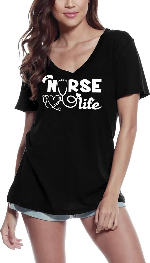 Damen Grafik T-Shirt V-Ausschnitt Leben als Krankenschwester – Nurse Life – Öko-Verantwortlich Vintage Jahrgang Kurzarm Lustige Druck Geburtstag