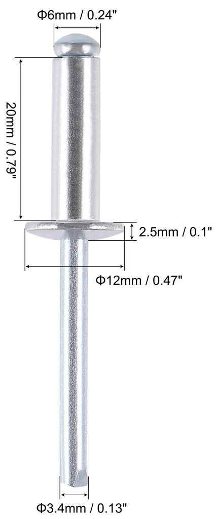 25 Stk. Blindnieten Aluminium Zugnieten Kerndekorationsnieten 6mm Durchm. 20mm Griffl?nge Silber