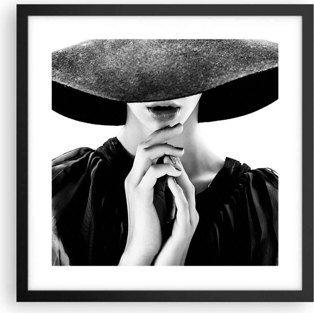 Gerahmtes Poster - Schwarzer Rahmen - Frau Hände Hut - 40x40 cm - Wand Bild - Wanddeko - Wandbilder - Kunstposter - Wandposter - Bilderrahmen - Bi...