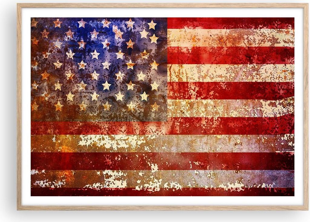 Gerahmtes Poster - Rahmen in heller Eiche - Amerika Flagge national patriotisch - 100x70 cm - Wand Bild - Wanddeko - Wandbilder - Wandposter - Bild...