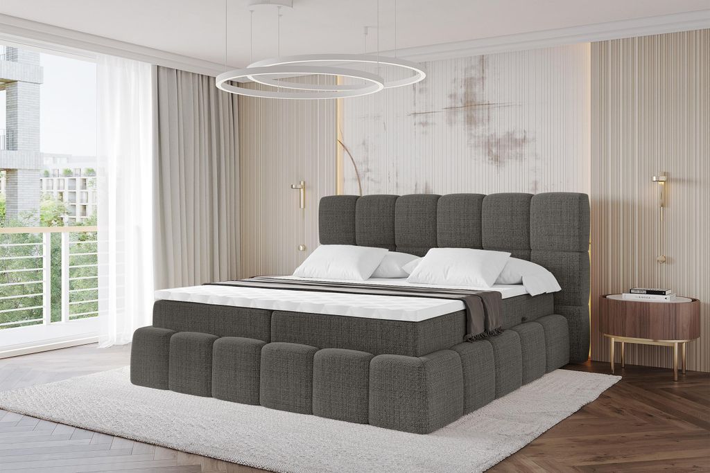 ALTDECOR Boxspringbett mit Matratze und Lattenrost, Topper, Polsterbett mit Bettkasten, Bett mit Stauraum H3-Matratze, Doppelbett, Boxbett - AURI -...