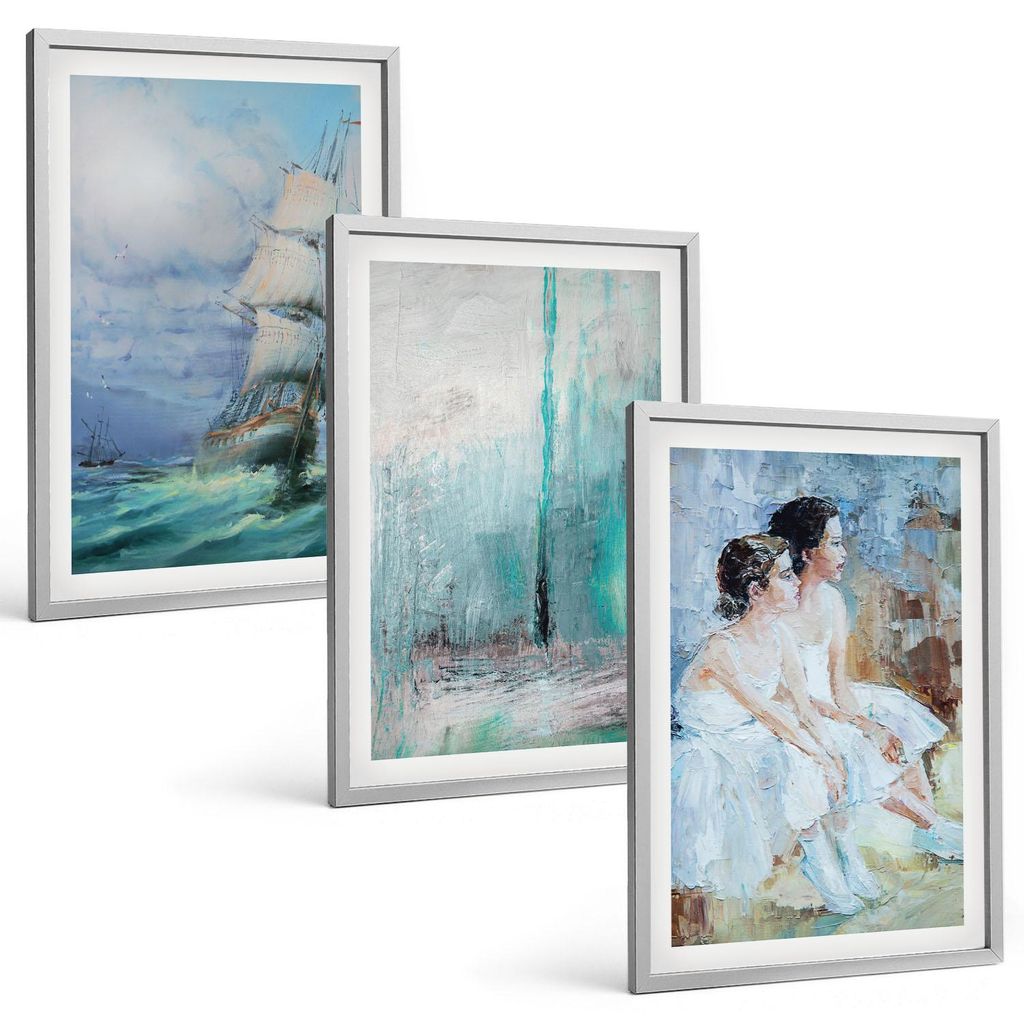 Bilder Set 3-teilig im silbergerahmten Rahmen – Wandbilder 3 Stück – gerahmte Poster für Wohnzimmer, Schlafzimmer und Flur – 40x60 cm – A...