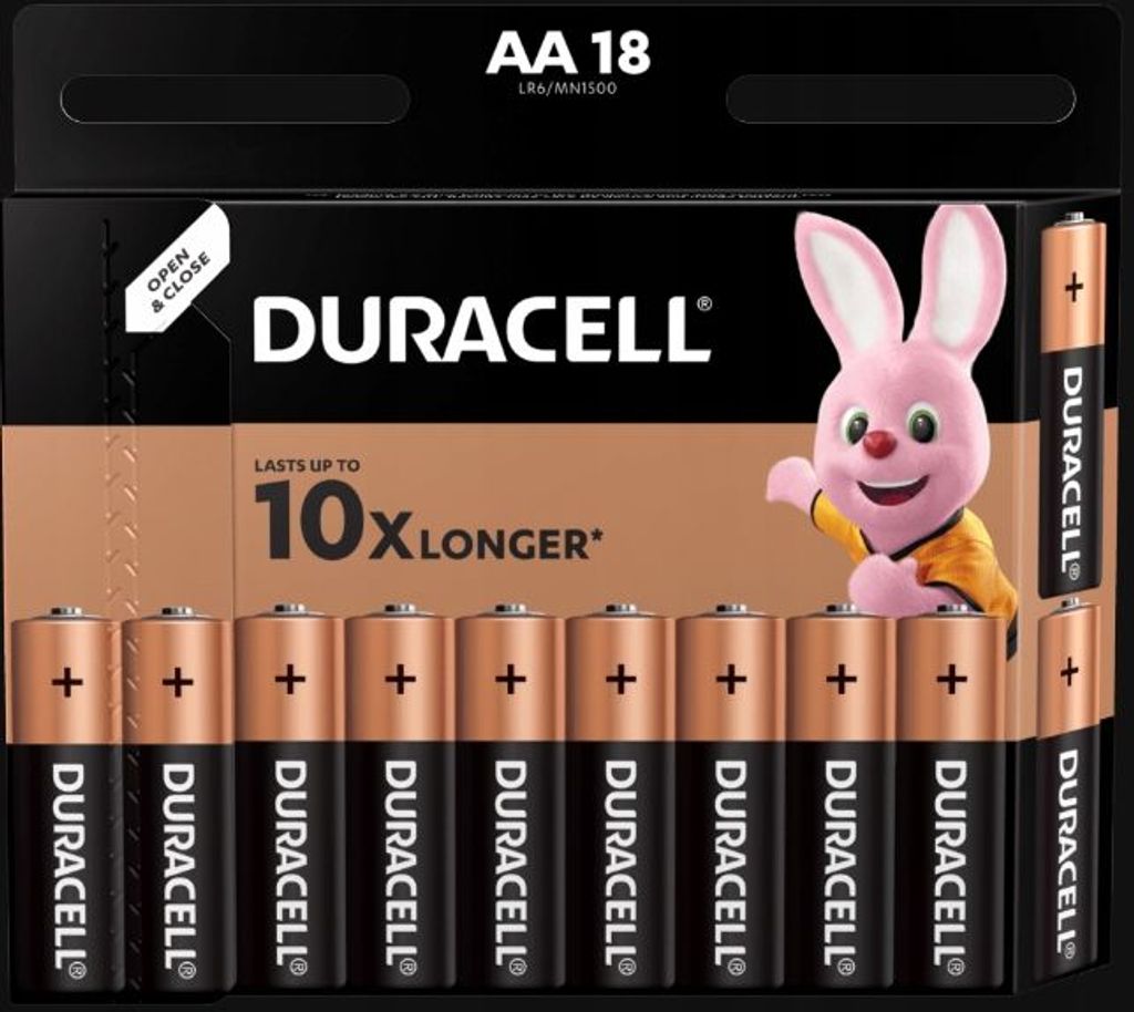 A package of Duracell AA batteries featuring the brand's mascot, the Duracell Bunny.