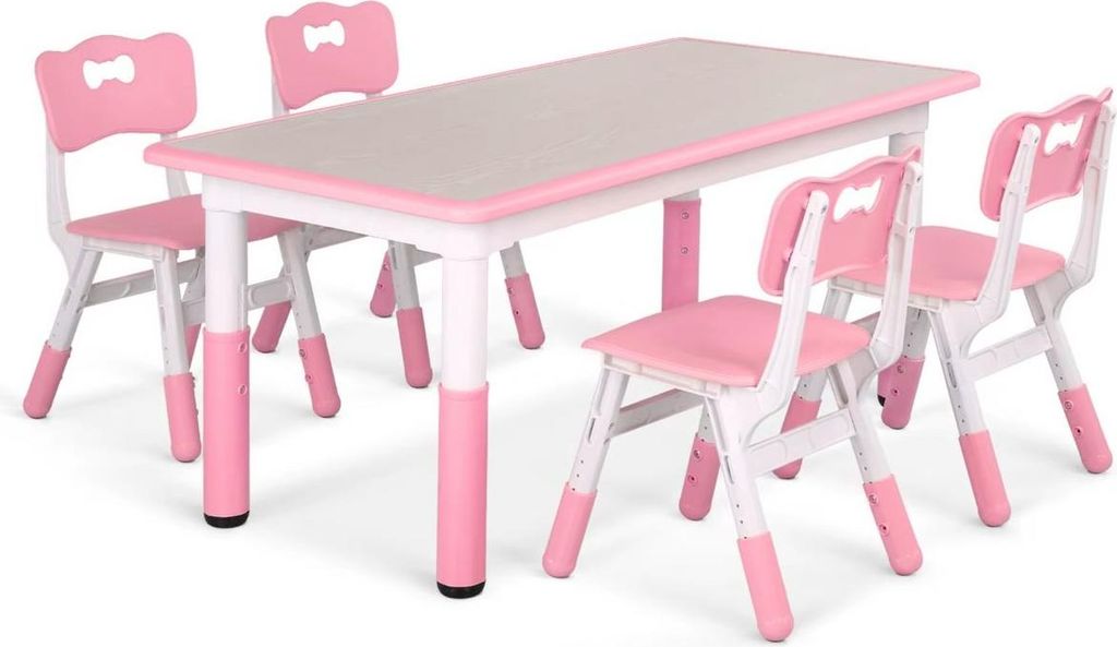 Bolt Edge Verstellbares Kinderschreibtische – 1 Tisch + 4 Stühle – Höhenverstellbar – Kinderbureau 2–10 Jahre – Rosa