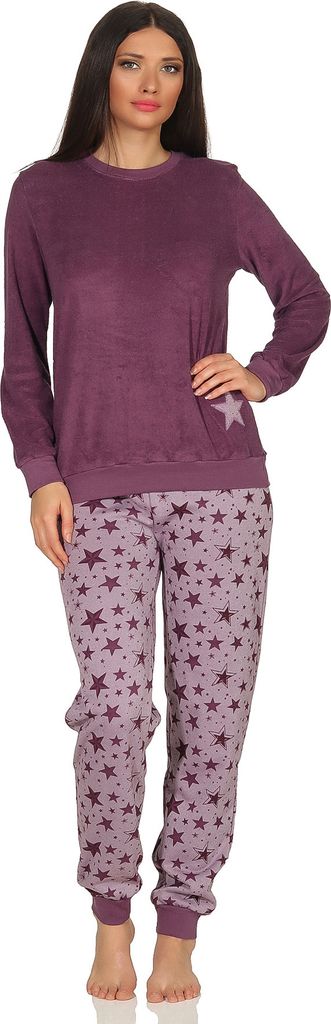 Damen Frottee Pyjama Schlafanzug mit Bündchen Sterne als Motiv - auch in Übergrößen 93020 ; beere , 48