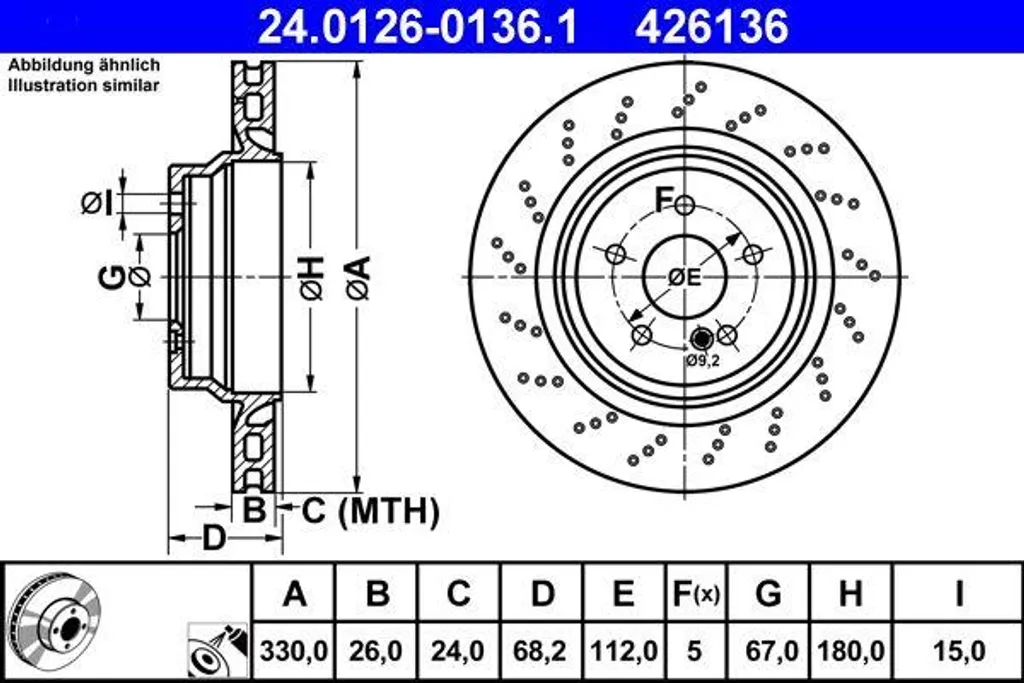 Disque de frein ATE 24.0126-0136.1 OE 2114231112 pour Classe E et CLS