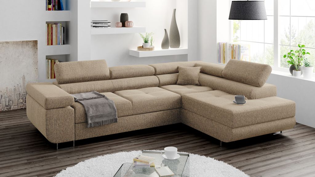 Ecksofa mit schlaffunktion und bettkasten, Sofa L-form, Couch L-form Webstoff Beige Ottomane Rechts