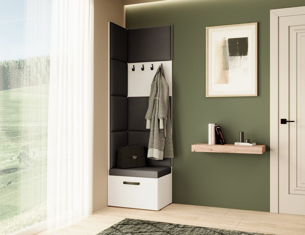 Garderobe MARGARET V, Farbe: Weiß+Jasmine100 mit gepolsterten Paneelen und Kleiderhaken