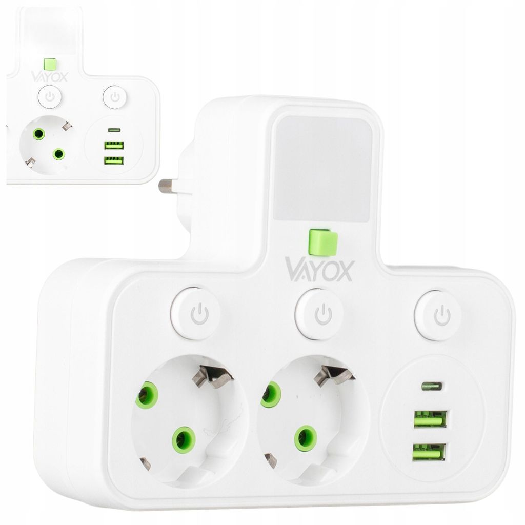 Vayox Steckdosenadapter 2-Fach Schuko mit Nachtlicht | Produktbild 