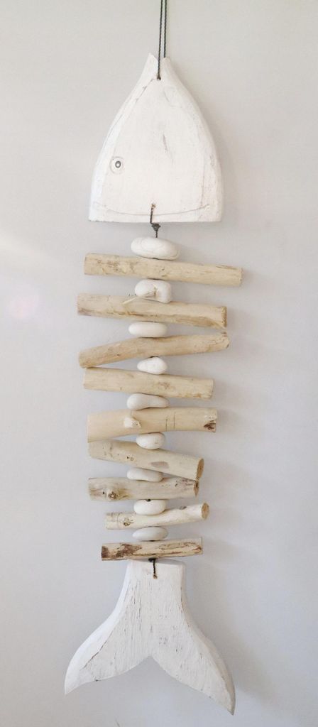 Deko Fisch Holz Hänger Maritim Fischgräte Skelett Mobile Wanddeko Skulptur 60cm