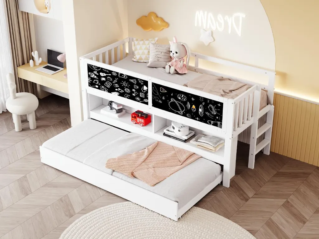 Lit Enfant Gain de Place en Bois Blanc avec Rangement et Zone de Dessin - 7